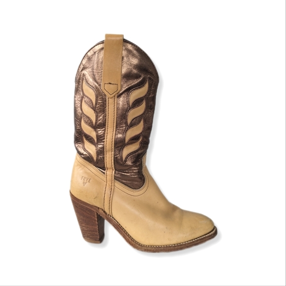 Vintage Frye Women´s Gold & Tan Leather Western Cowboy...